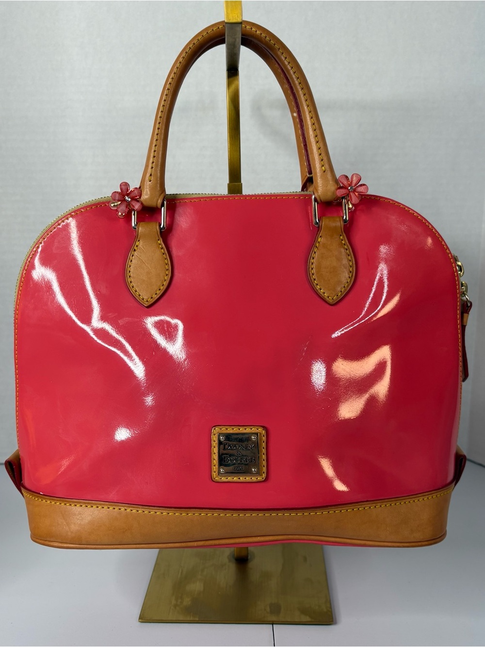 Dooney & Bourke Hot Pink Patent Leather Zip Zip Satchel with Tan Trim EUC